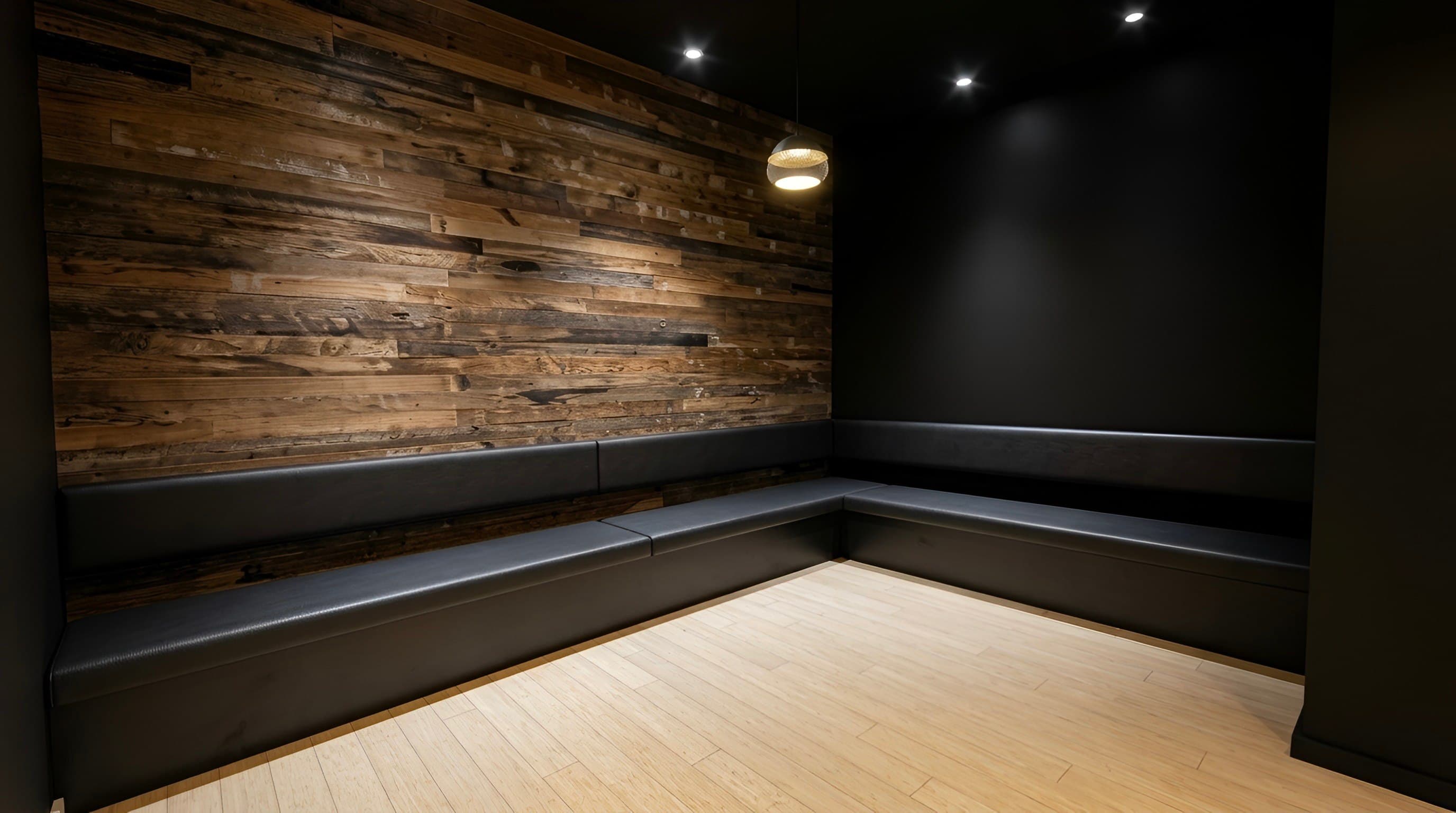 Commercial interior with reclaimed timber feature wall and leather banquette seating